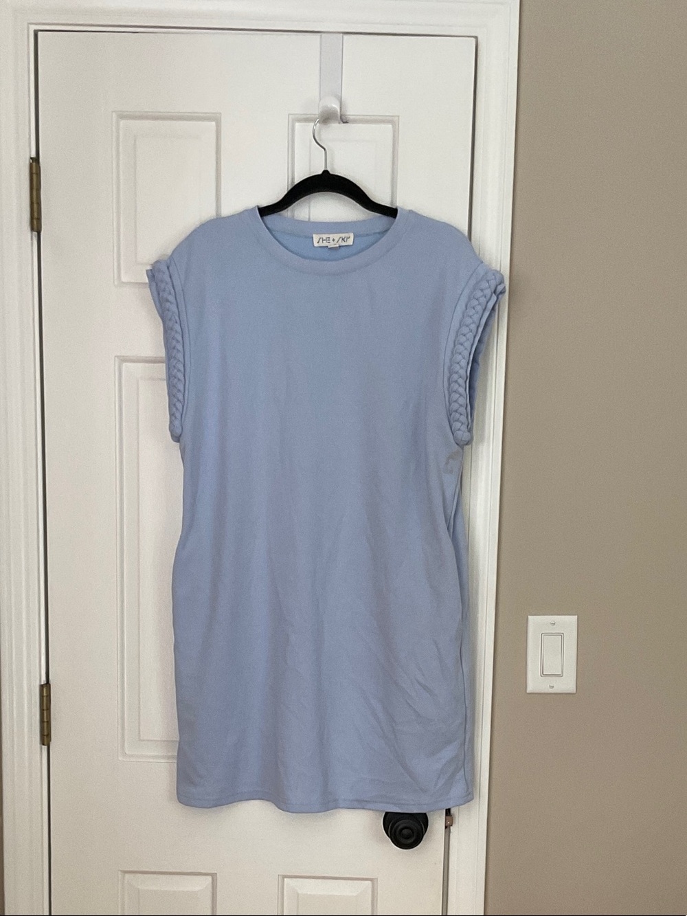 She + Sky Light Blue Sleeveless Braided-Trim Tank